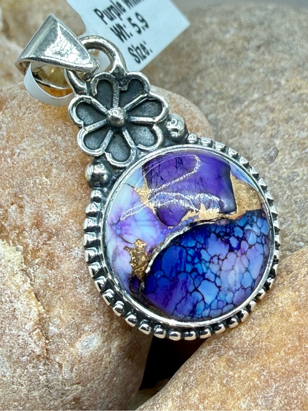 NWT Sterling Silver Purple Dahlia Pendant 925 Floral Artisan 2” Southwest Boho - Picture 8 of 17